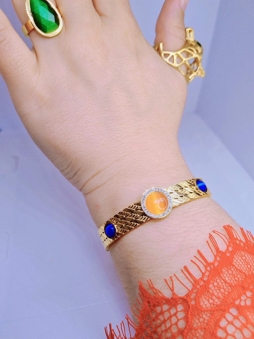 Bracelet pierres colorées Acier inoxydable plaqué or 18K - 33g