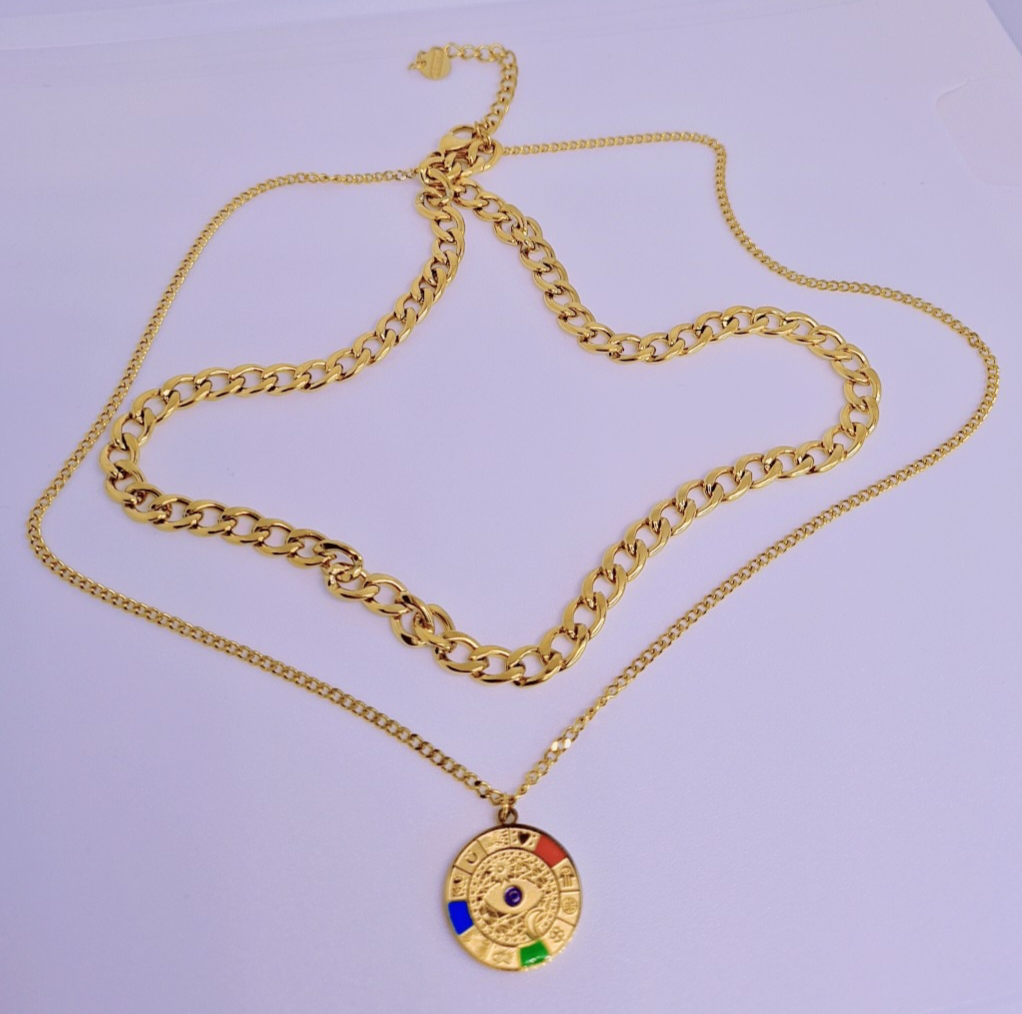 Collier Touche De Couleur Double chaîne Acier inoxydable plaqué Or 18k 32g