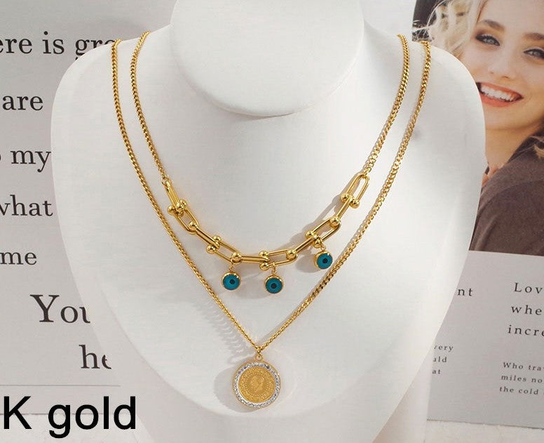 Collier Oeil Turque Acier inoxydable plaqué Or 18k -22g