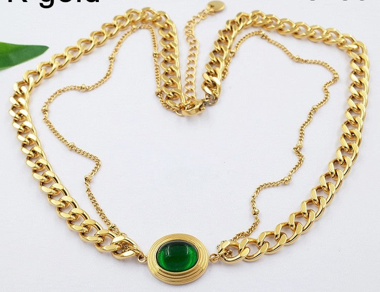 Collier Torsade Perle verte acier inoxydable Plaqué Or 18k -24g