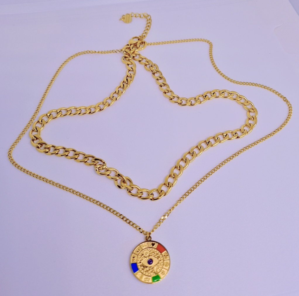 Collier Touche De Couleur Double chaîne   Acier inoxydable plaqué Or 18k 32g