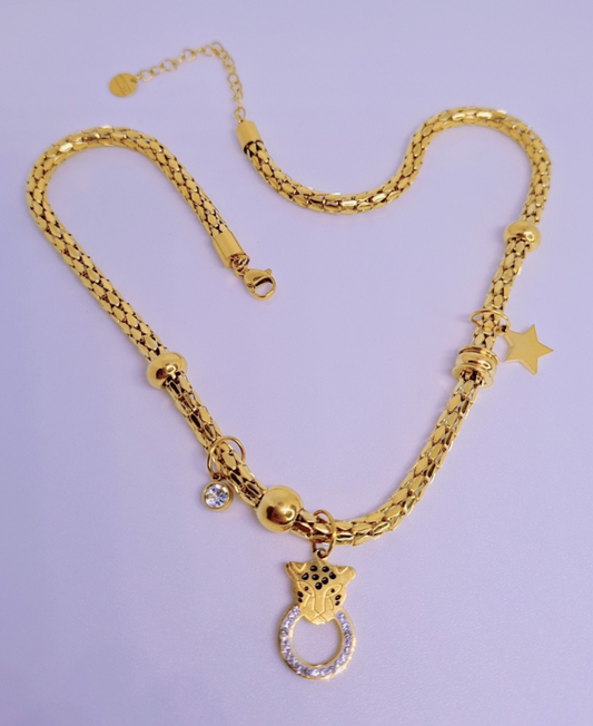 Collier Tête De  Léopard Acier inoxydable plaqué Or 18k -19g