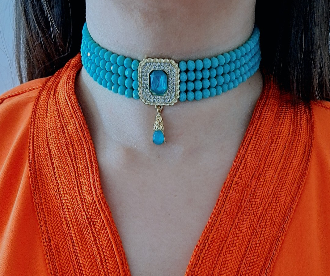 Choker Caftan fermeture Majdoul Bleu Turquoise